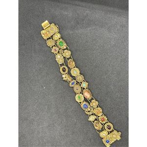 RARE Vintage Goldette Two Row Slide Bracelet w Multi Charms Signed Charm Bracele